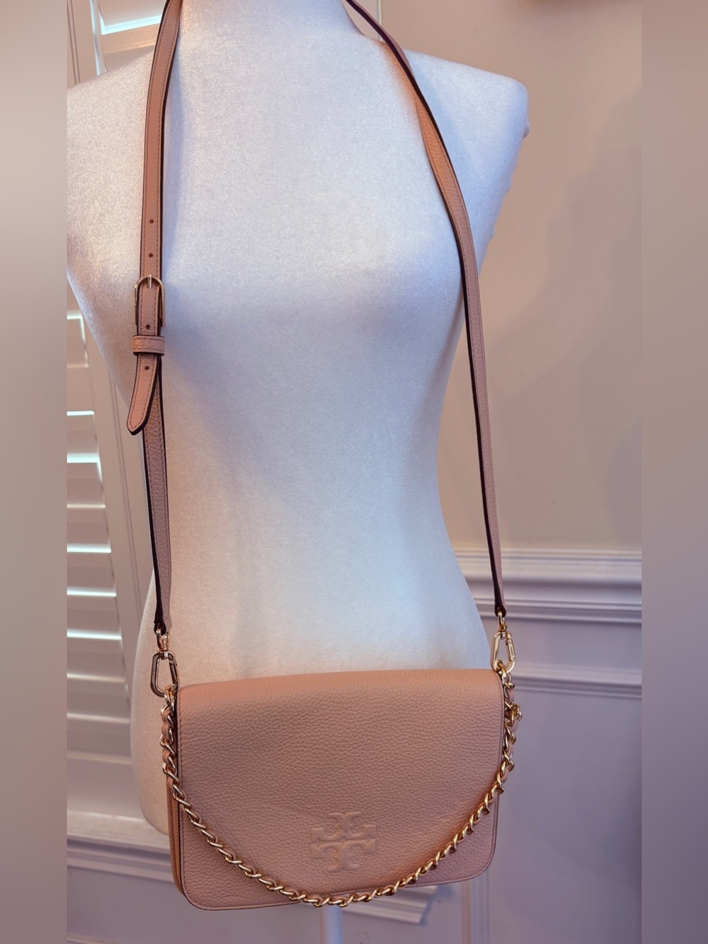 Tory Burch Blush Pink Pebbled Leather Crossbody with Gold Chain